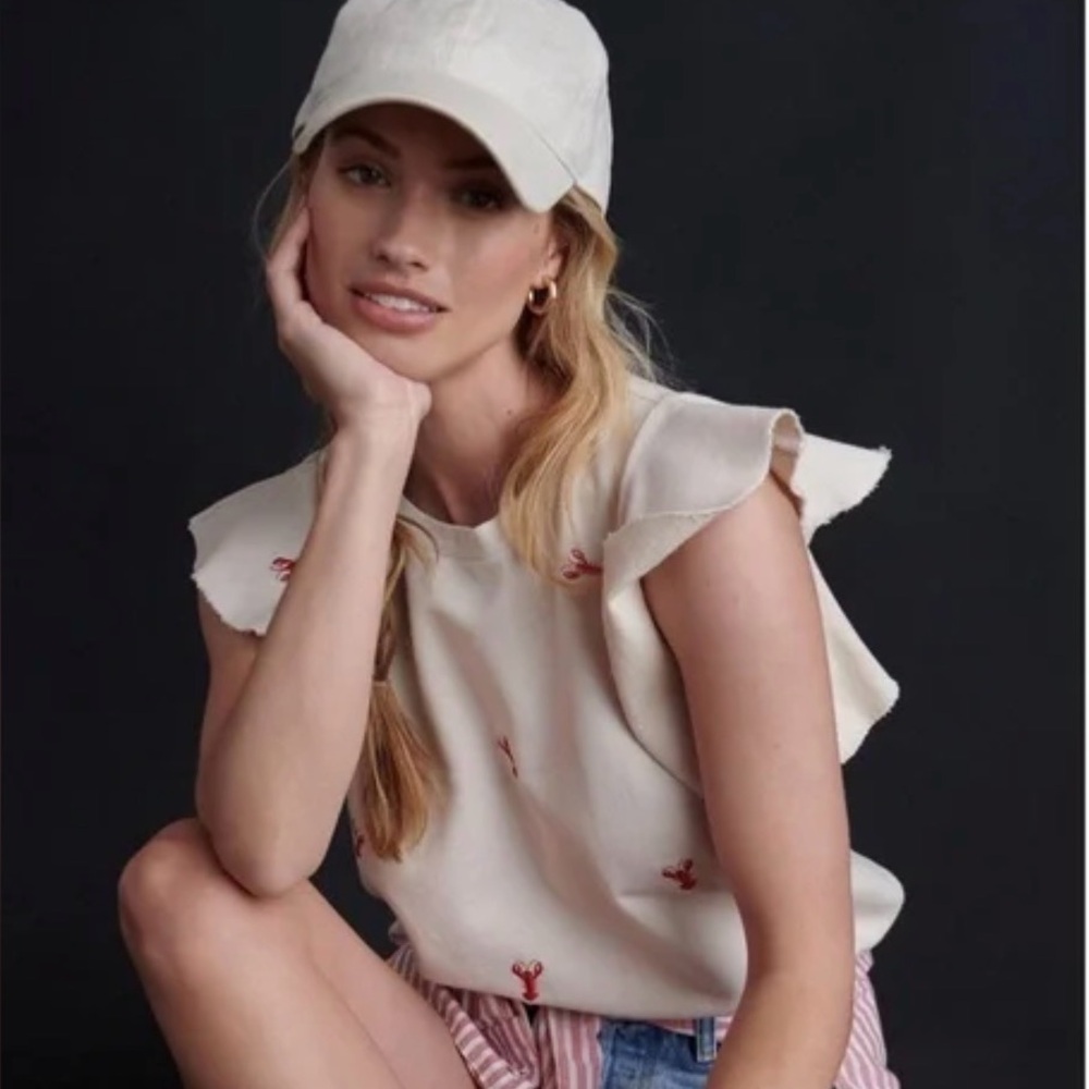 NWT Anthropologie Lobster Sleeveless Ruffle Beige Sweatshirt Size Large